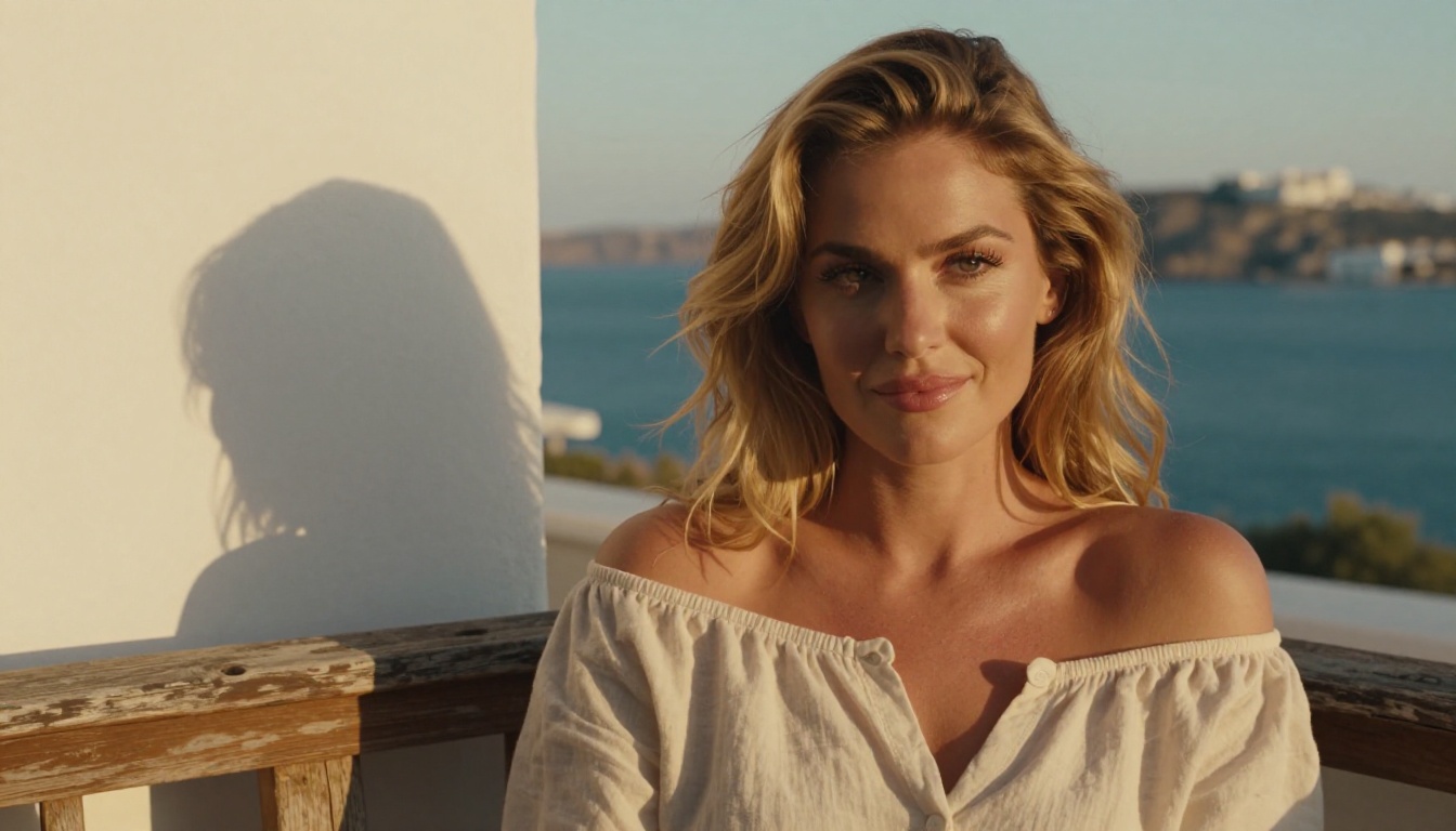 Close-up portrait of beautiful woman, Mediterranean coast, golden hour photography