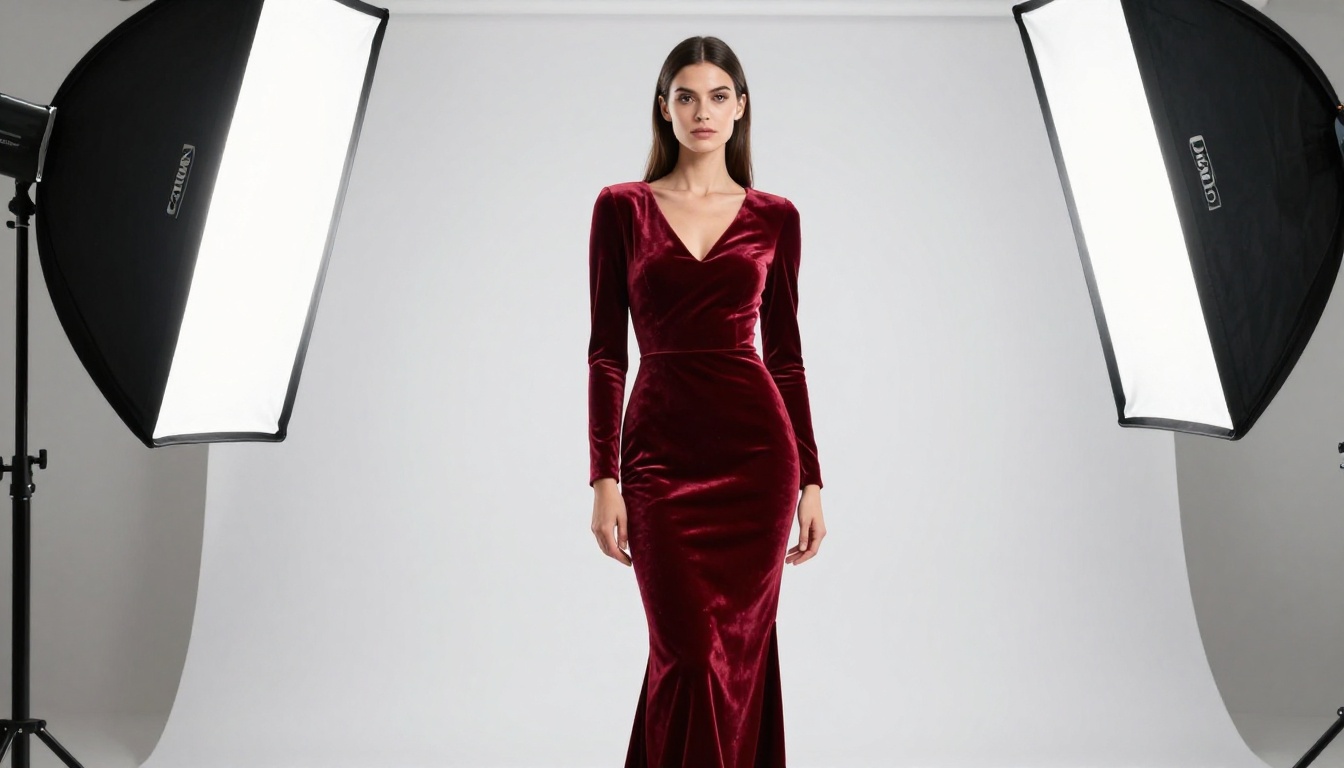 Low-angle fashion model in studio, red velvet dress, professional softbox lighting, powerful stance