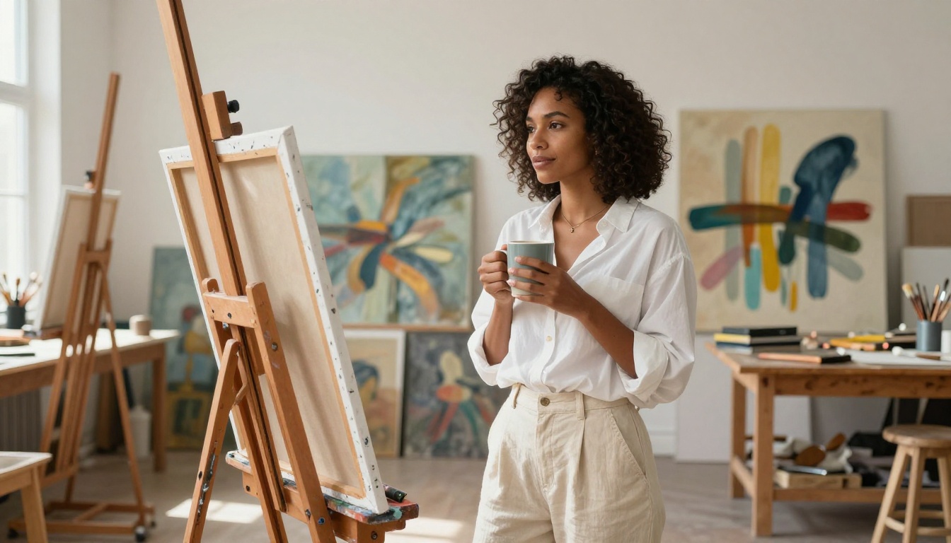Woman in art studio with large canvases, natural skylights, creative workspace, thoughtful expression