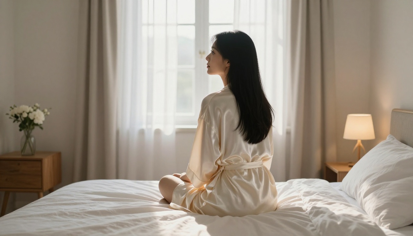 Intimate morning bedroom scene, woman in ivory satin robe, soft directional window light, peaceful mood