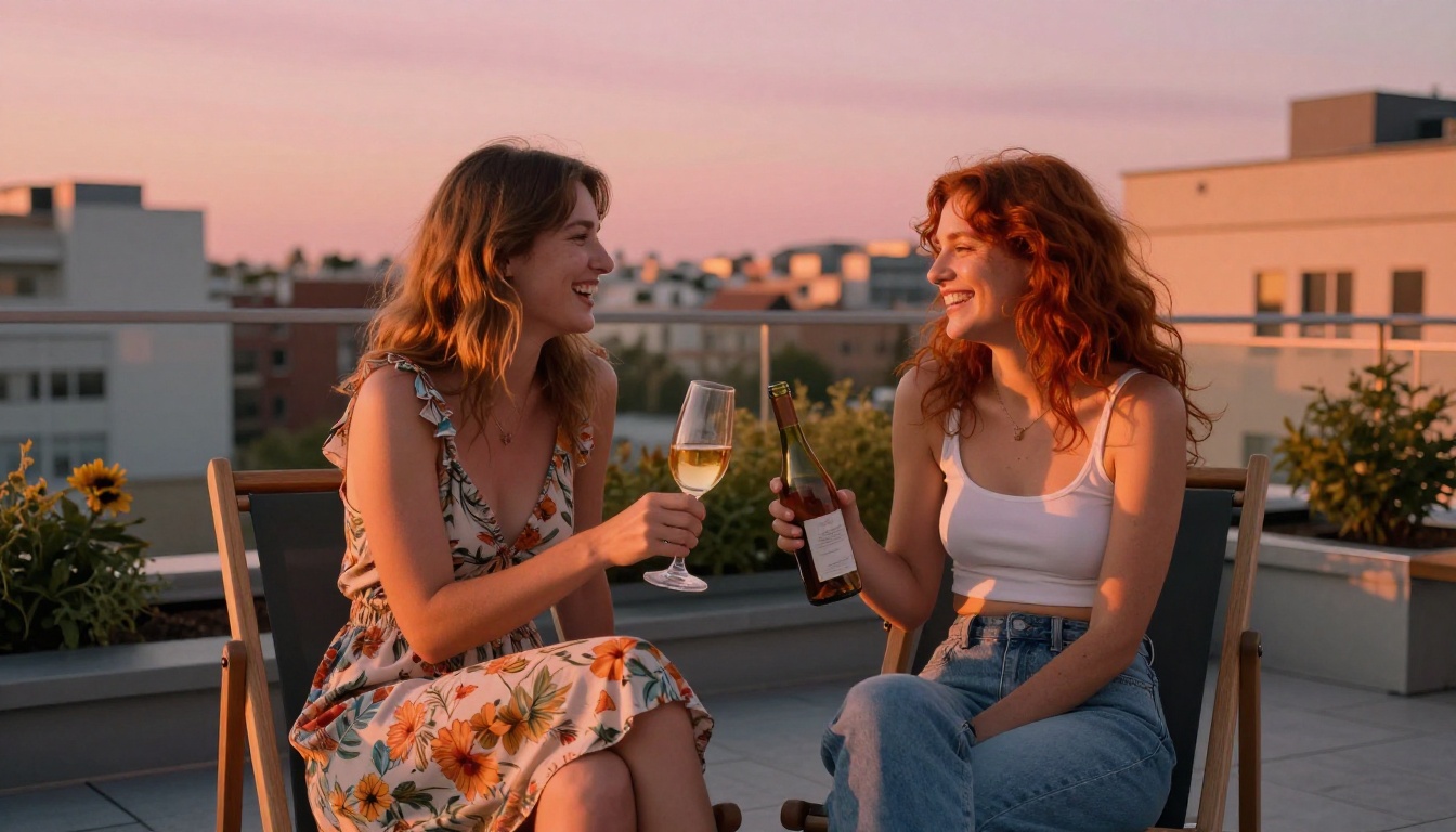 Two women friends on rooftop at sunset, casual summer outfits, warm lifestyle photography, city backdrop