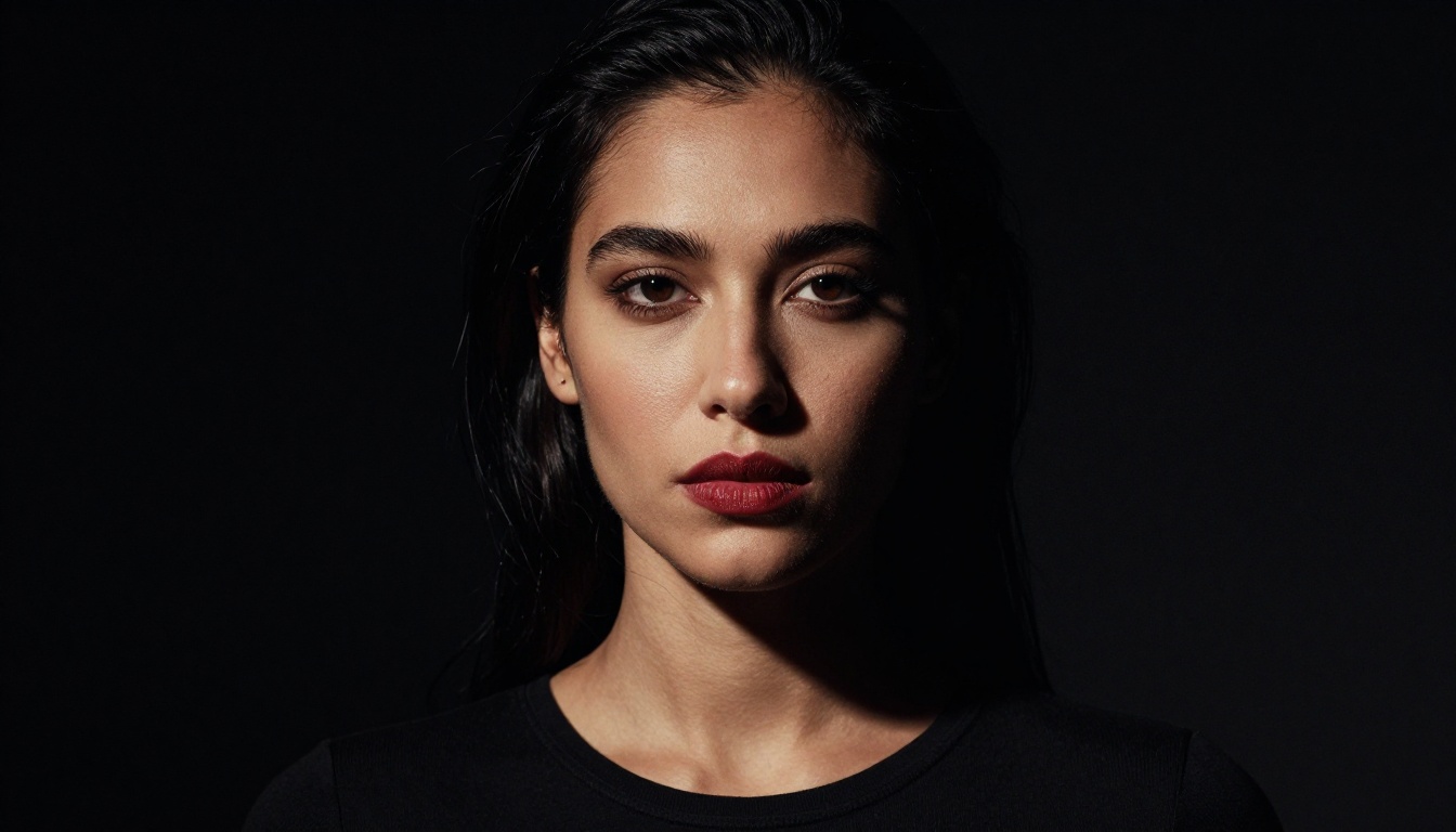 Dramatic low-key Rembrandt portrait, dark background, sharp cheekbones, fine art photography style