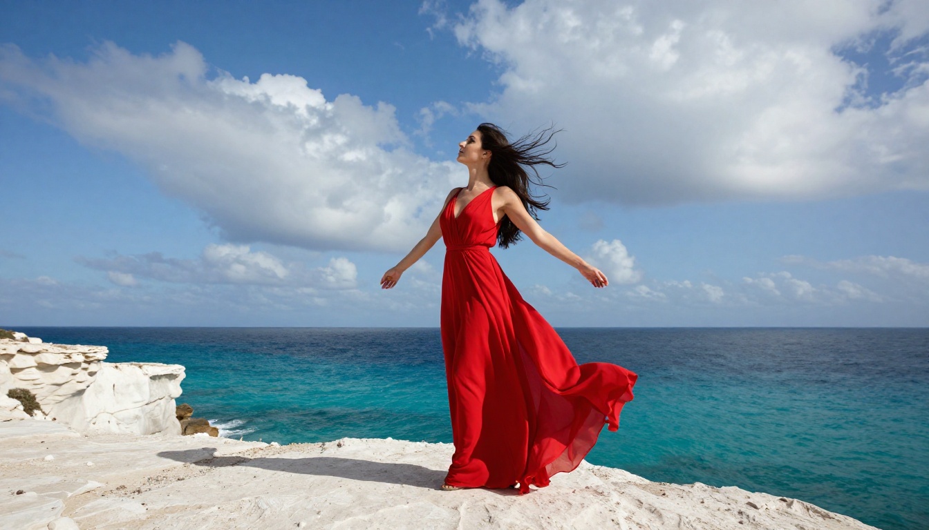 Woman in red dress on coastal cliff - AI creative freedom photorealistic photography