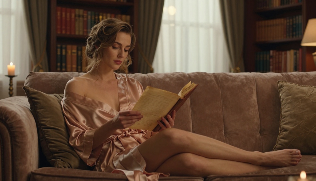 Woman in silk robe reading manuscript by candlelight on velvet sofa