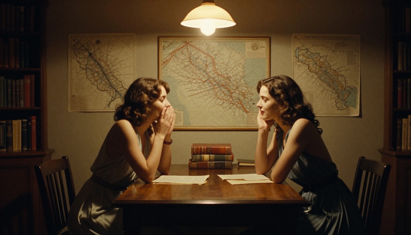 Two women in evening dresses in intimate library conversation