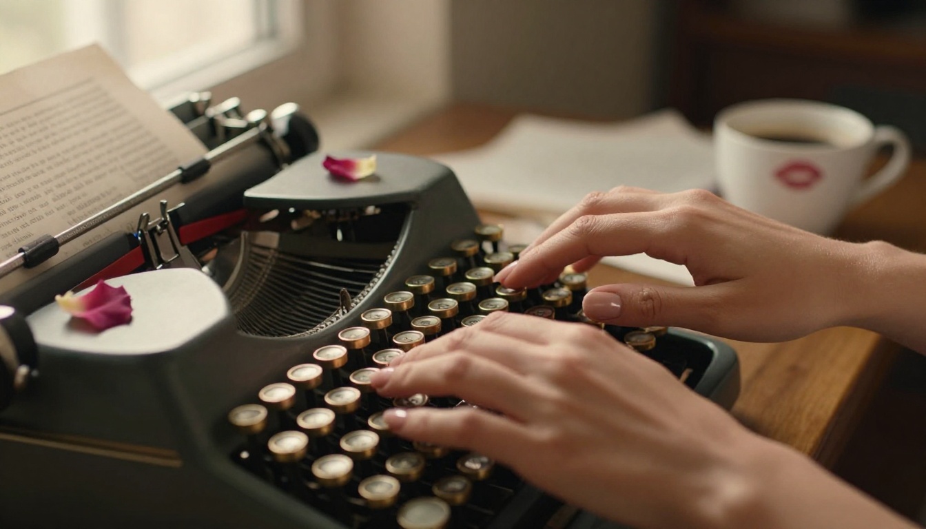 Close-up of feminine hands typing on vintage typewriter with rose petals