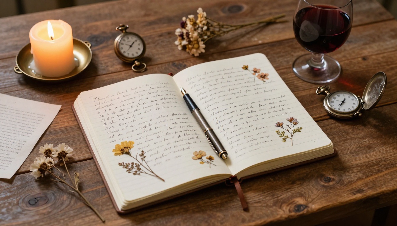 Flat-lay writing desk with manuscript, candle, and red wine