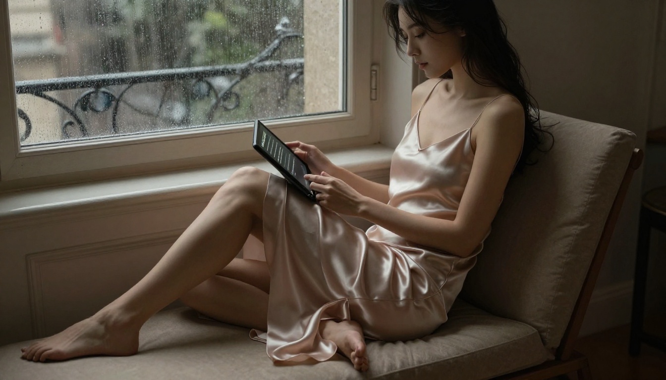 Woman in satin slip dress with tablet by rain-streaked window