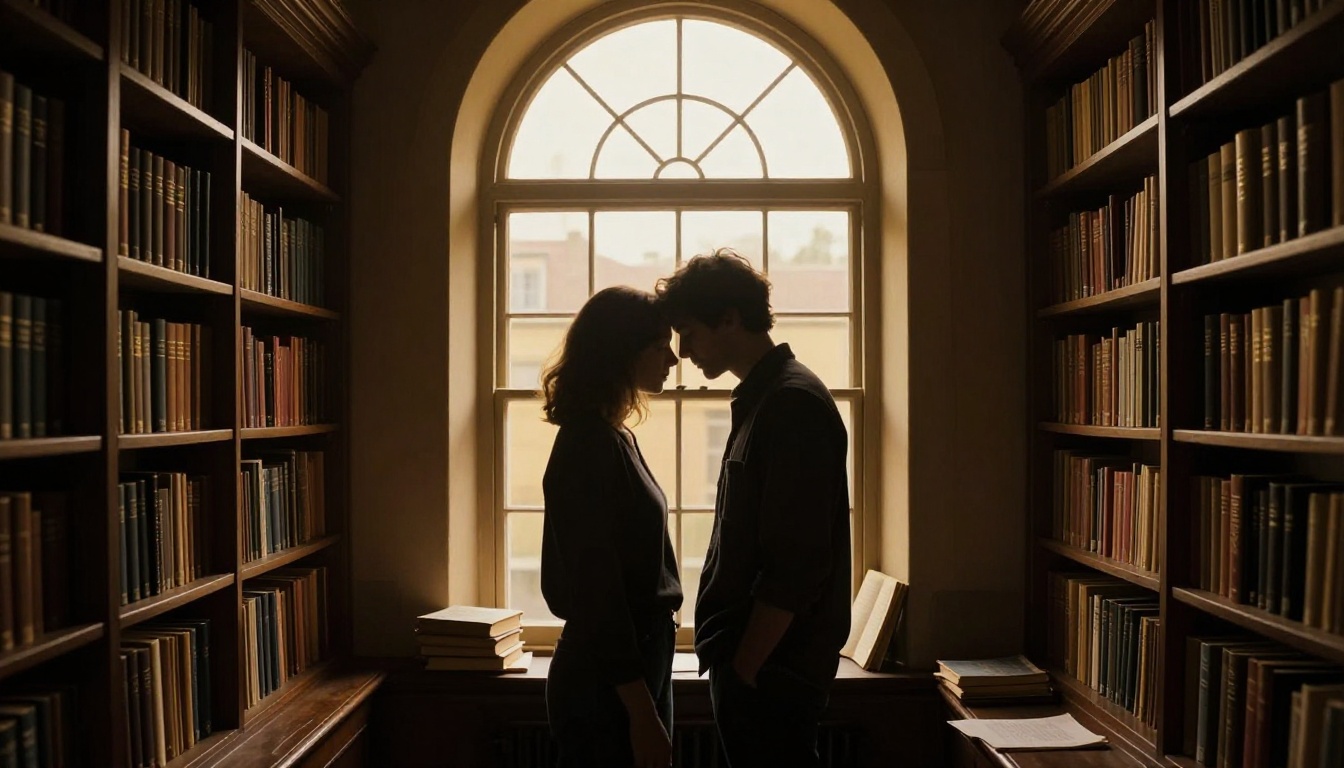 Two silhouettes forehead-to-forehead at Victorian arched window