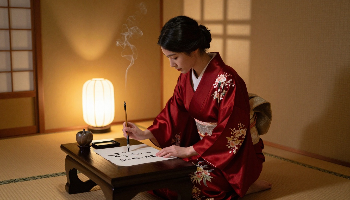 Elegant woman in red silk kimono writing with ink brush at Japanese writing table