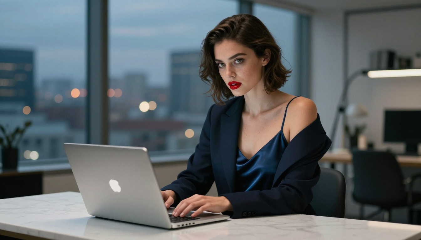 Woman browsing AI tools on laptop in creative studio Woman browsing AI tools on laptop in creative studio