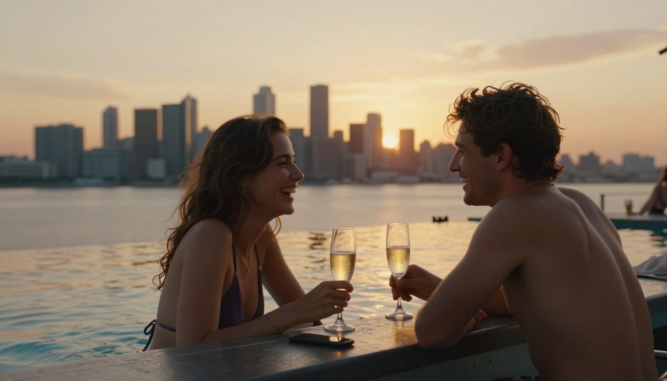 Couple laughing at rooftop infinity pool bar at sunset with champagne