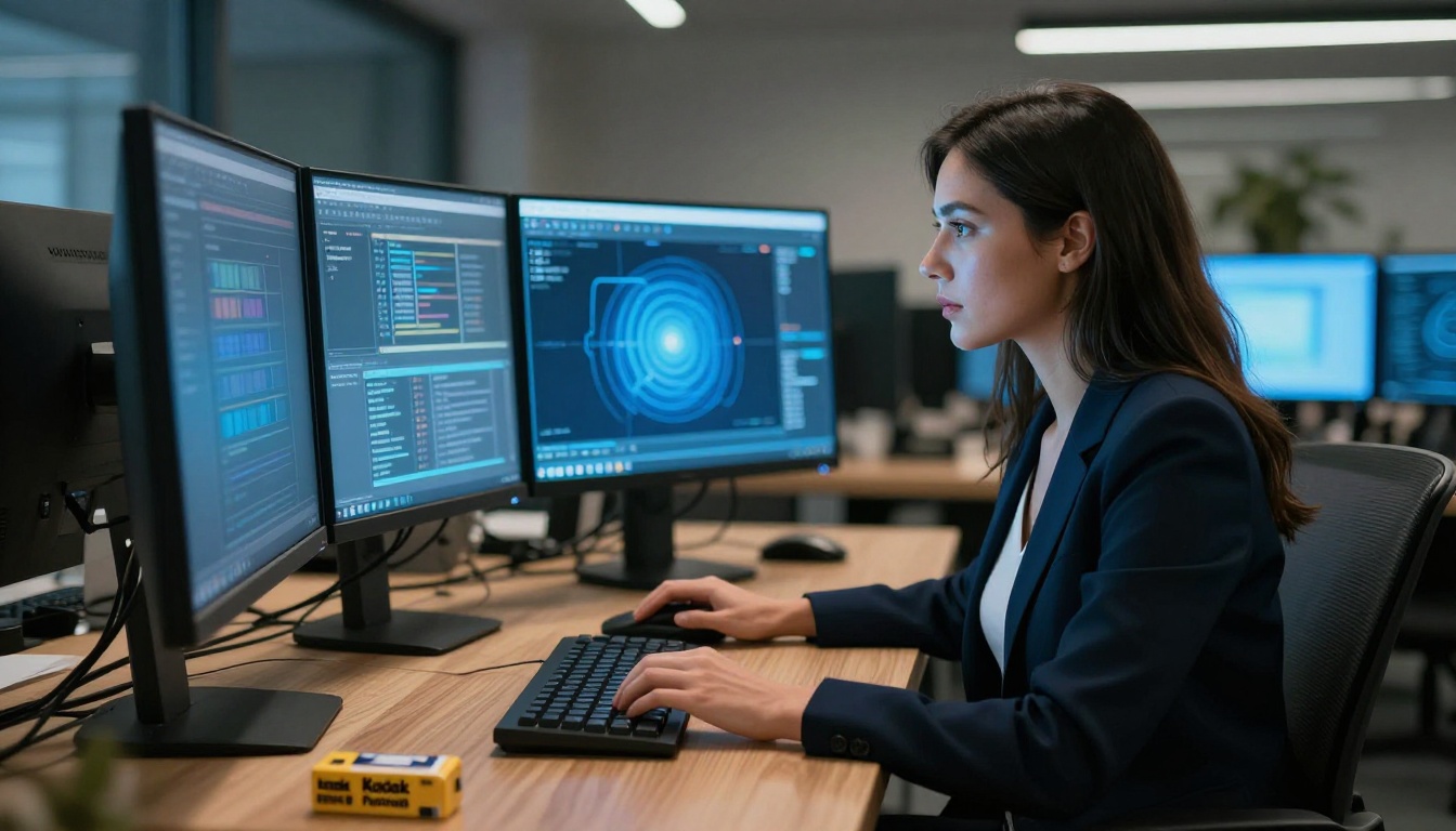 Woman reviewing AI-generated content at computer workstation with monitor glow Woman reviewing AI-generated content at computer workstation with monitor glow