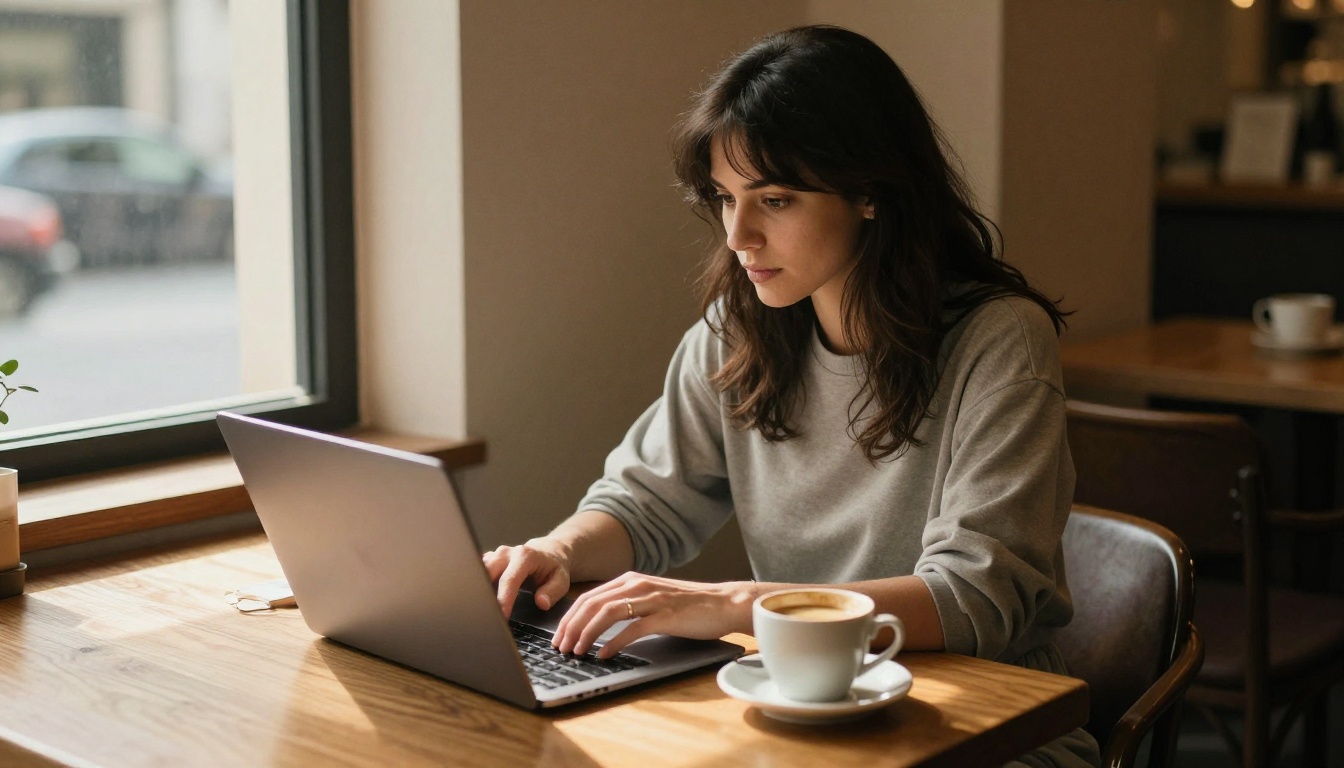 Attractive woman in casual wear working at laptop in warm coffee shop with window light Attractive woman in casual wear working at laptop in warm coffee shop with window light