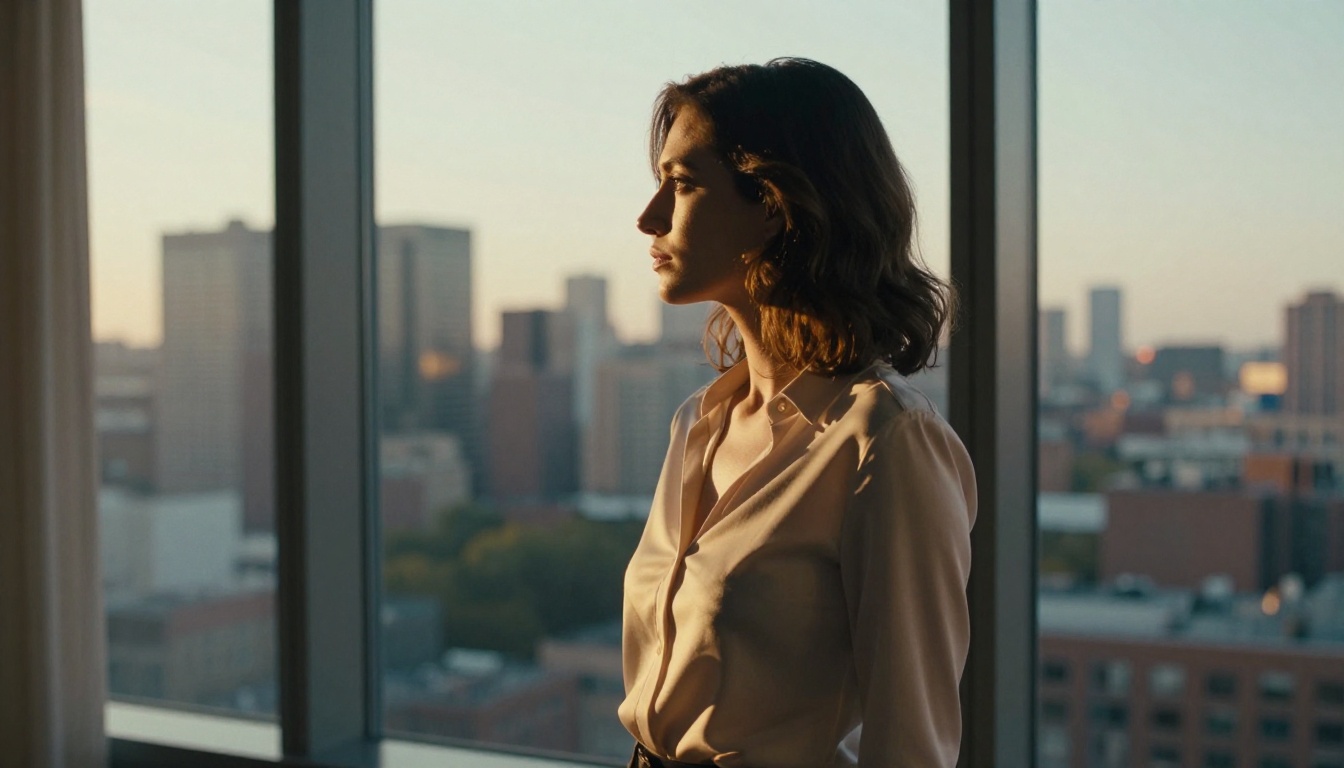 Confident woman in profile at floor-to-ceiling window with city skyline backdrop at golden hour Confident woman in profile at floor-to-ceiling window with city skyline backdrop at golden hour