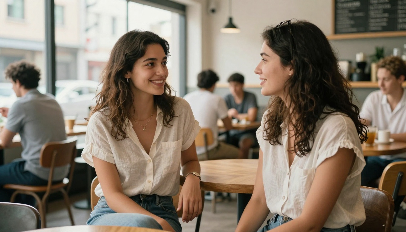 Two attractive women in summer outfits having conversation at bright urban café with natural light
