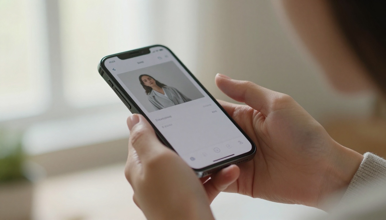 Close-up of woman's hand holding smartphone with AI image generation interface, creamy bokeh background
