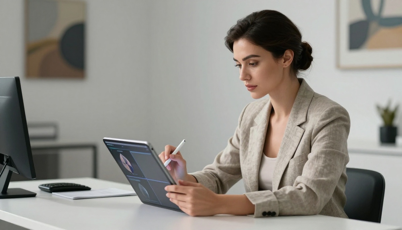 Woman in blazer reviewing AI outputs at desk