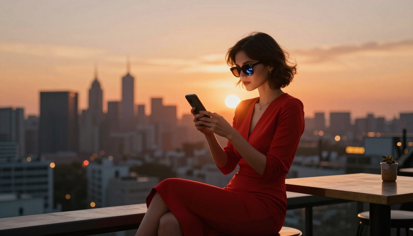 Woman reviewing results at rooftop bar
