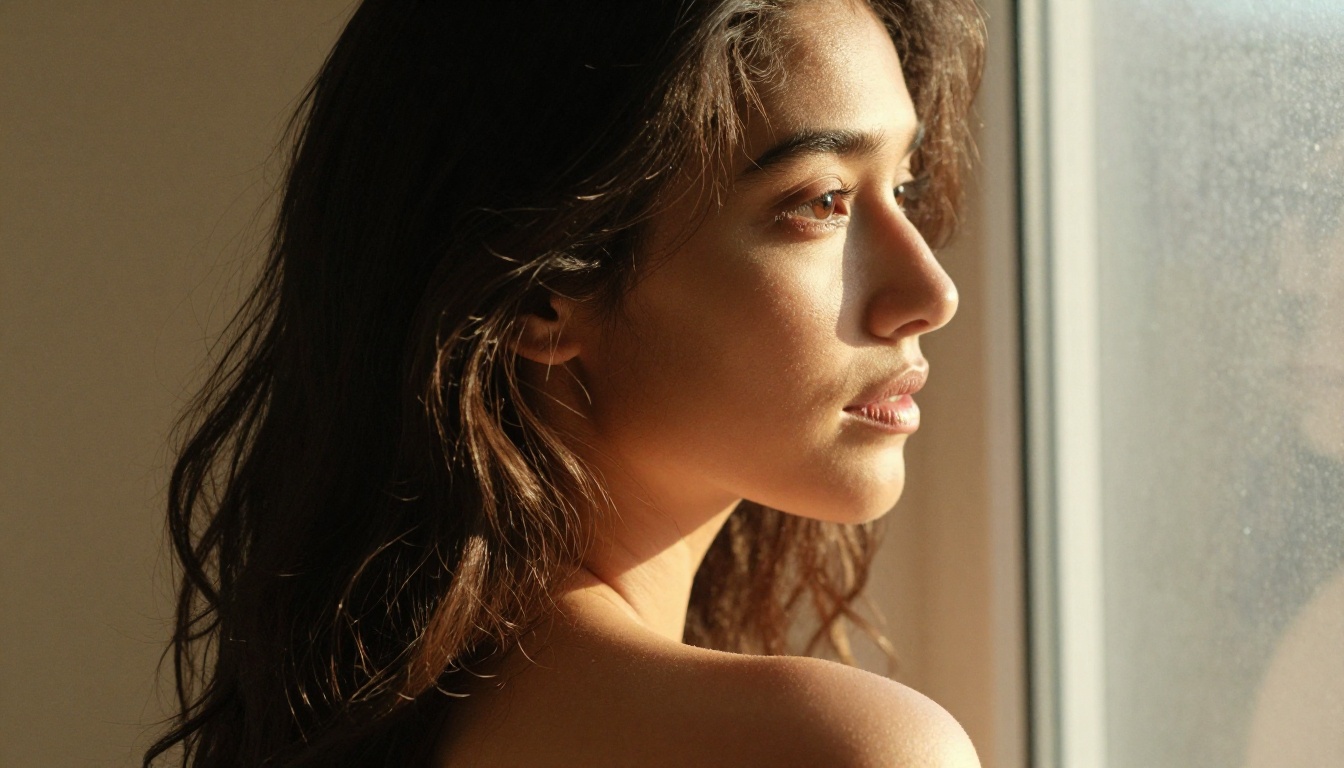 Profile portrait of a beautiful woman in morning light, bare shoulder, natural skin texture, Kodak Portra film Profile portrait of a beautiful woman in morning light, bare shoulder, natural skin texture, Kodak Portra film