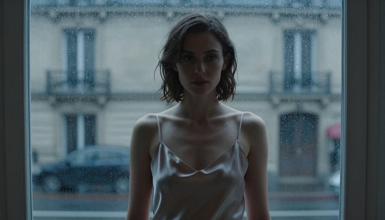 Woman in silk slip dress at rain-streaked Parisian window, moody overcast light, intimate Leica film grain portrait Woman in silk slip dress at rain-streaked Parisian window, moody overcast light, intimate Leica film grain portrait