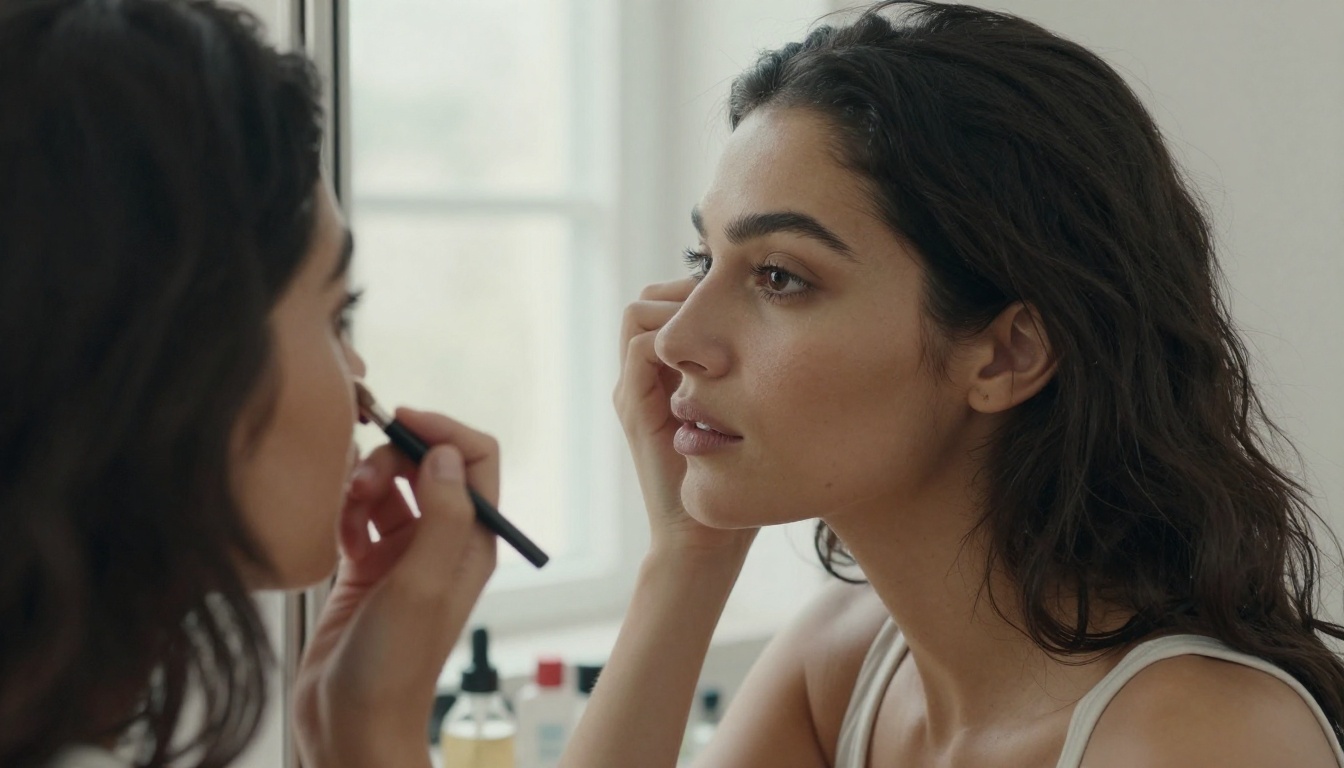 Woman at vanity mirror in soft morning window light, medium format rendering, natural skin texture, authentic beauty