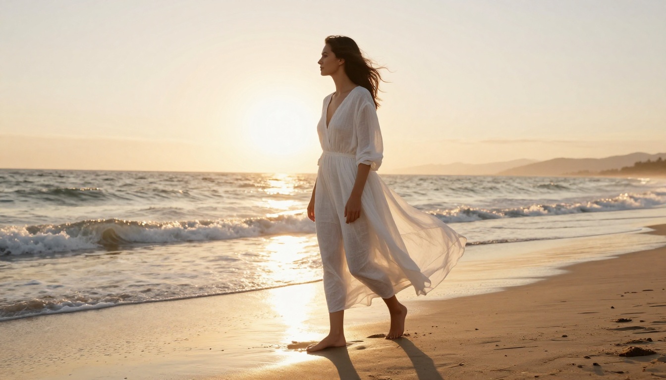 Woman in flowing white linen dress on deserted beach, golden hour rim light, wide angle lens flare, wet sand reflections