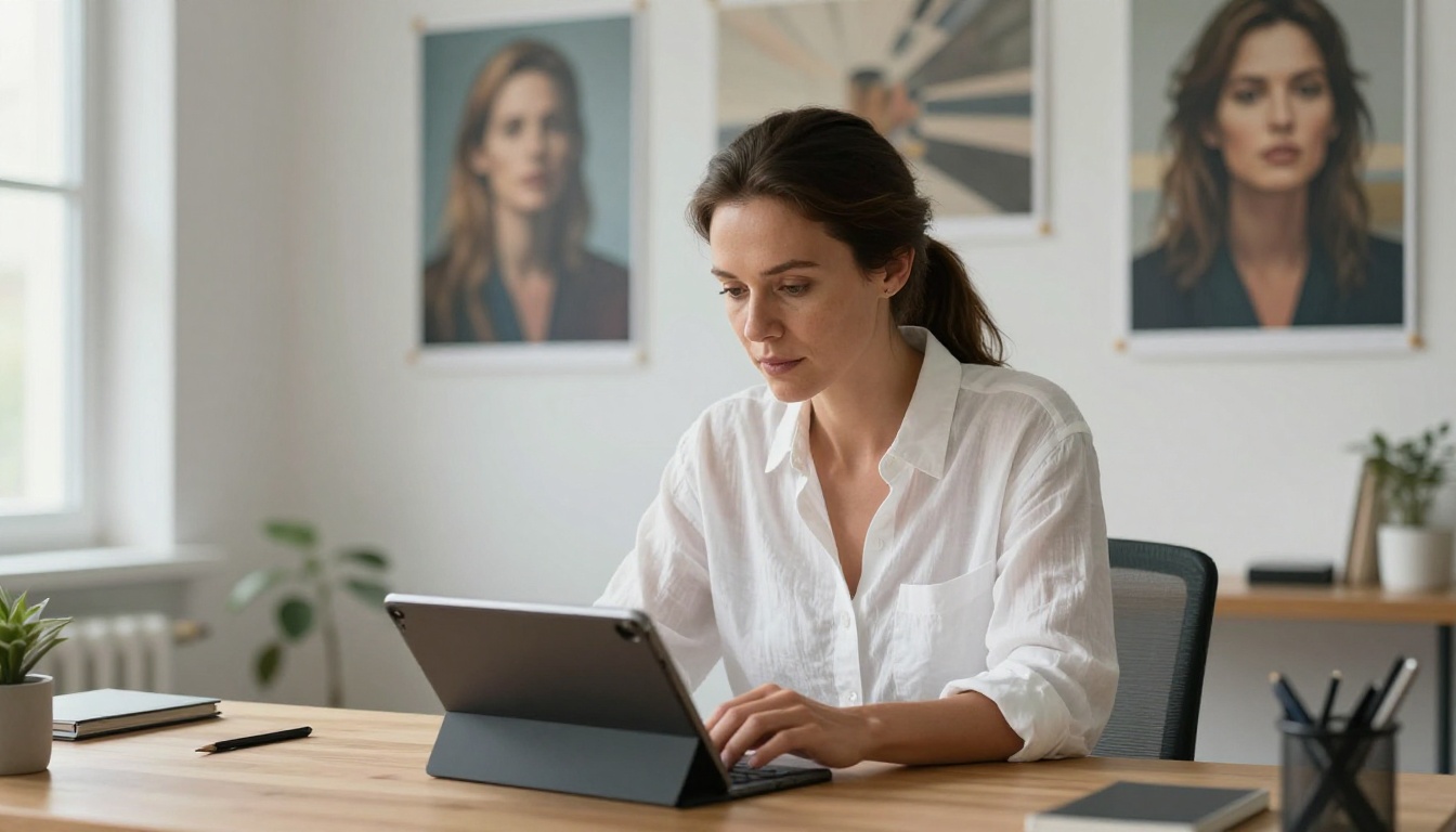 Woman in home office using AI image generation platform on tablet