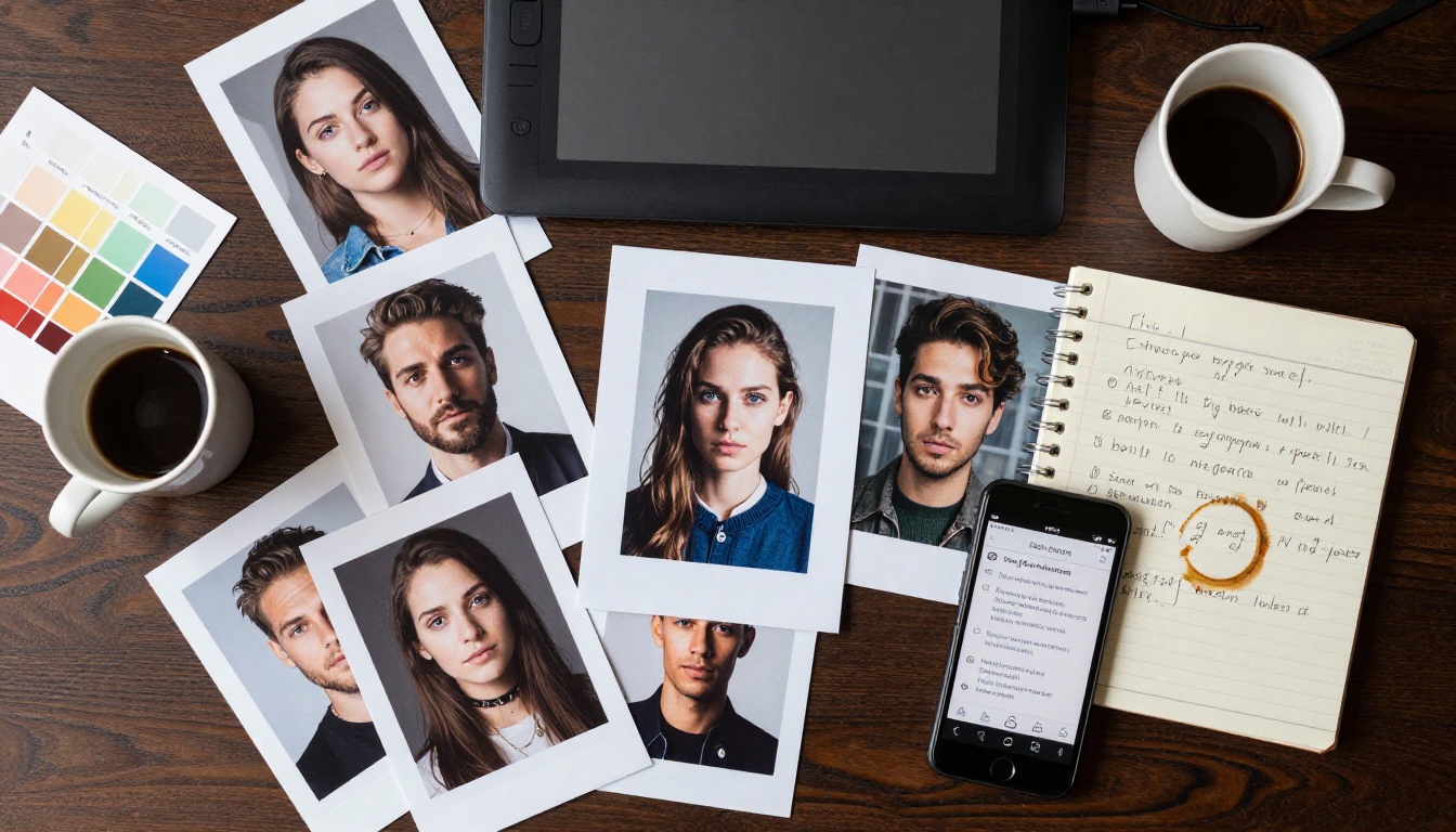 Creative AI art workflow workspace aerial view of desk with printed photo references