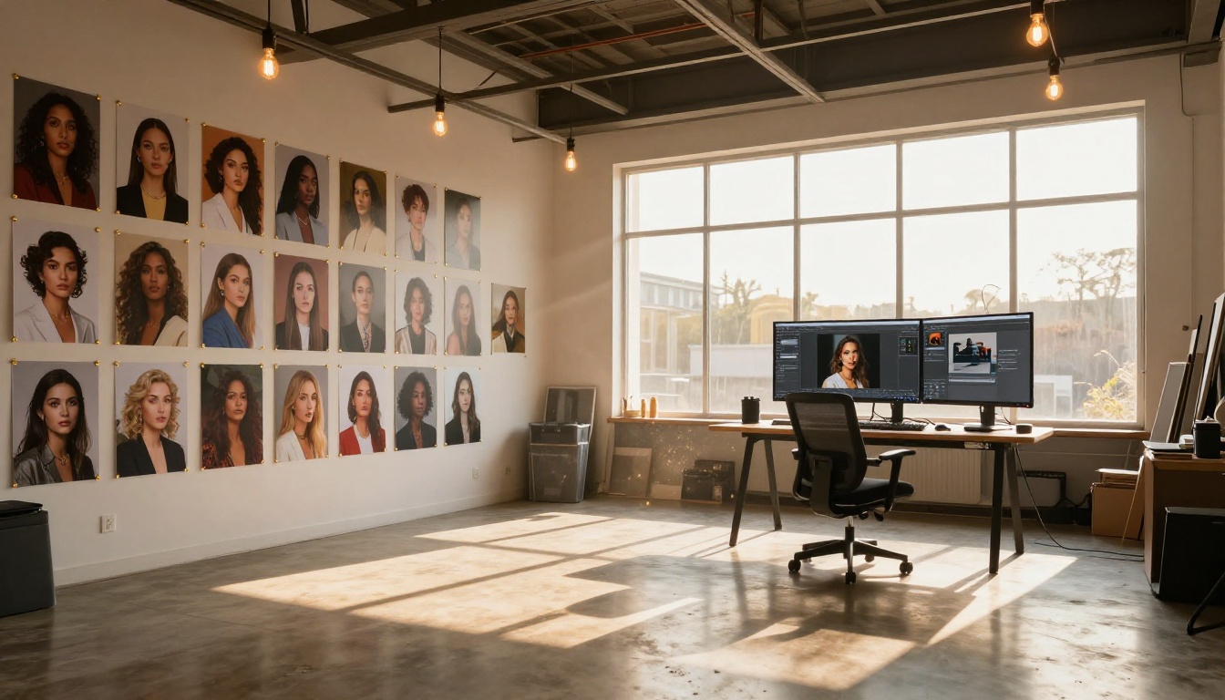Artist studio with AI-generated photorealistic portrait prints on walls