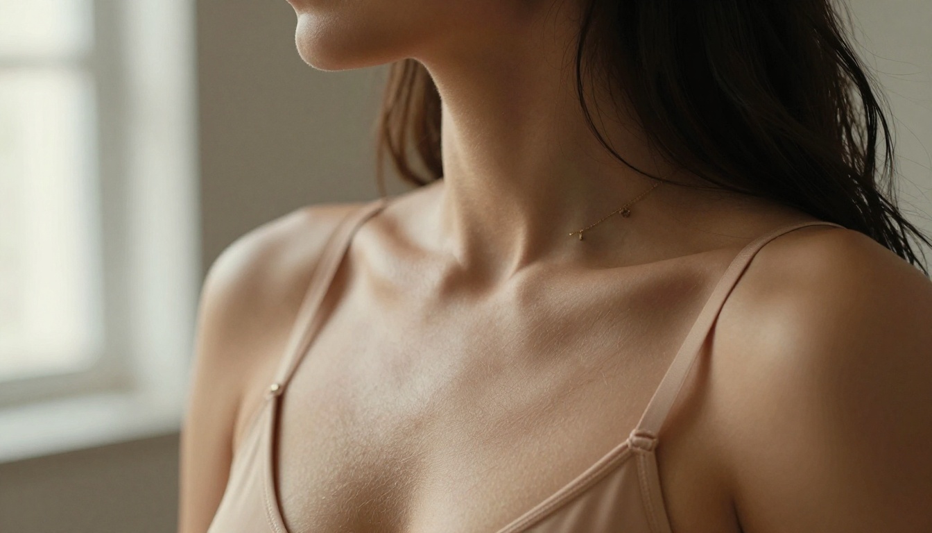 A close-up shoulder and neck portrait demonstrating the micro-detail skin rendering that defines top-tier photorealistic AI image generation