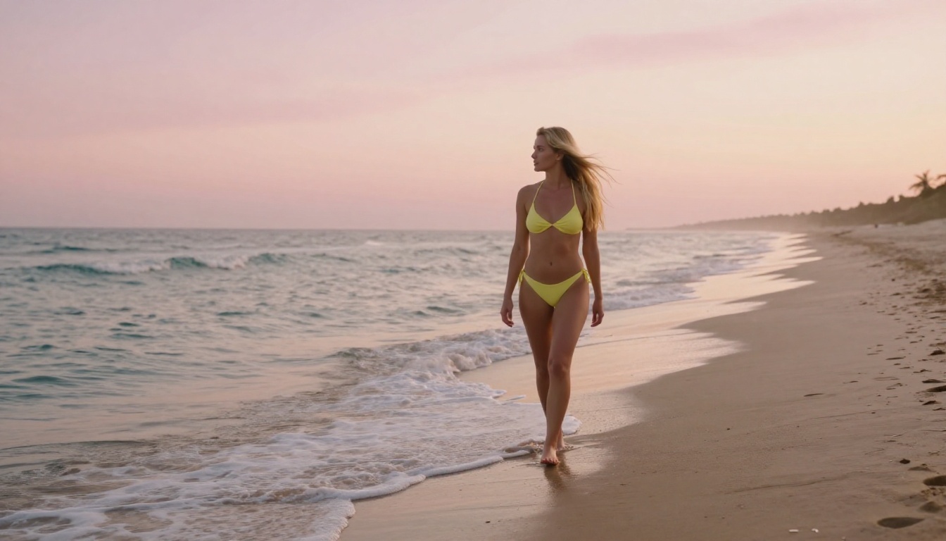 A serene dawn beach scene demonstrating the atmospheric environmental storytelling that distinguishes cinematic AI photography from static portrait generation