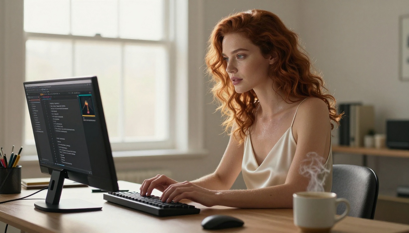 Woman working with AI video generation interface in a sunlit home studio