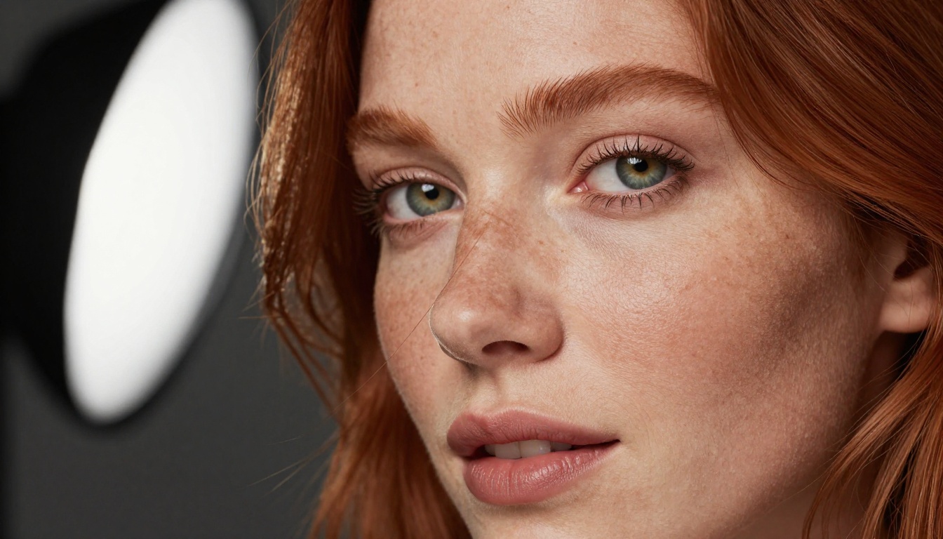 Extreme close-up portrait of a woman with copper hair and green eyes, Rembrandt lighting from the left against a dark studio backdrop