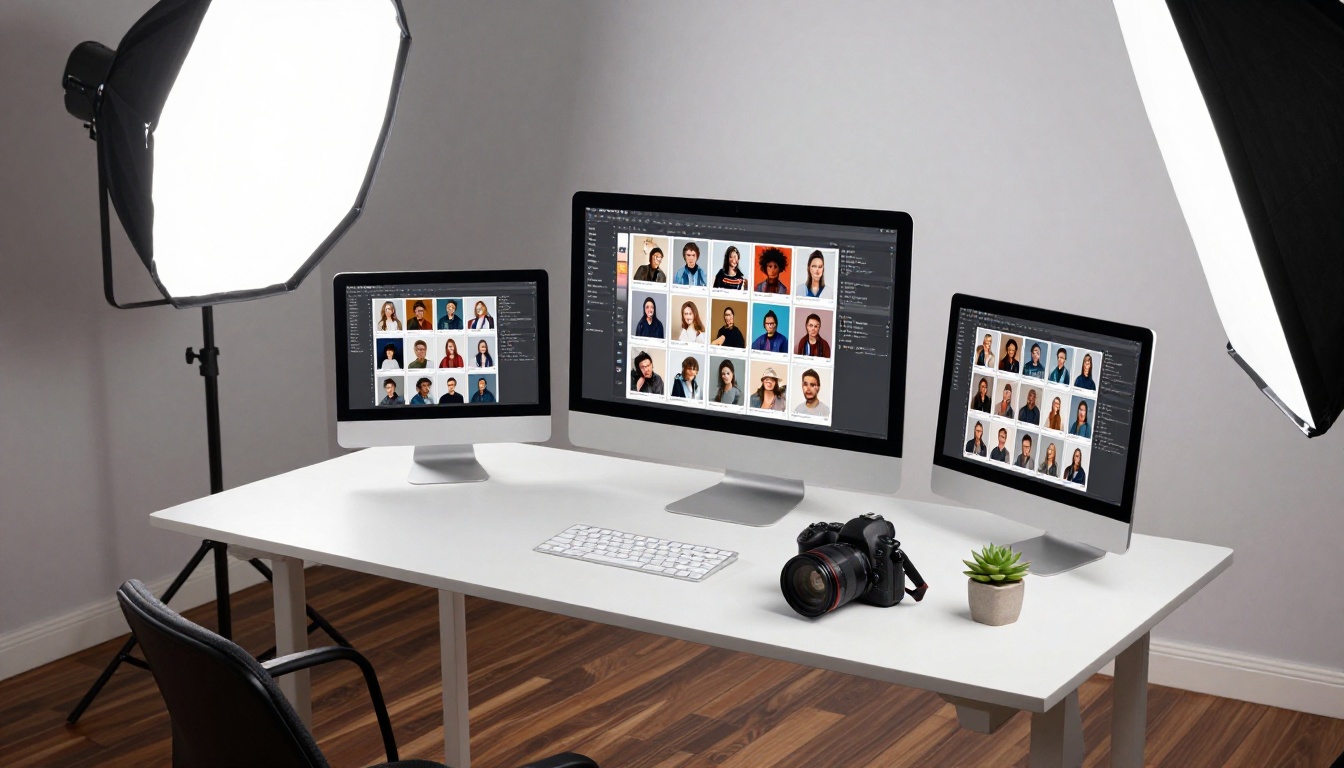 Professional AI content creation studio with ultrawide iMac setup displaying a model selection interface in grid layout