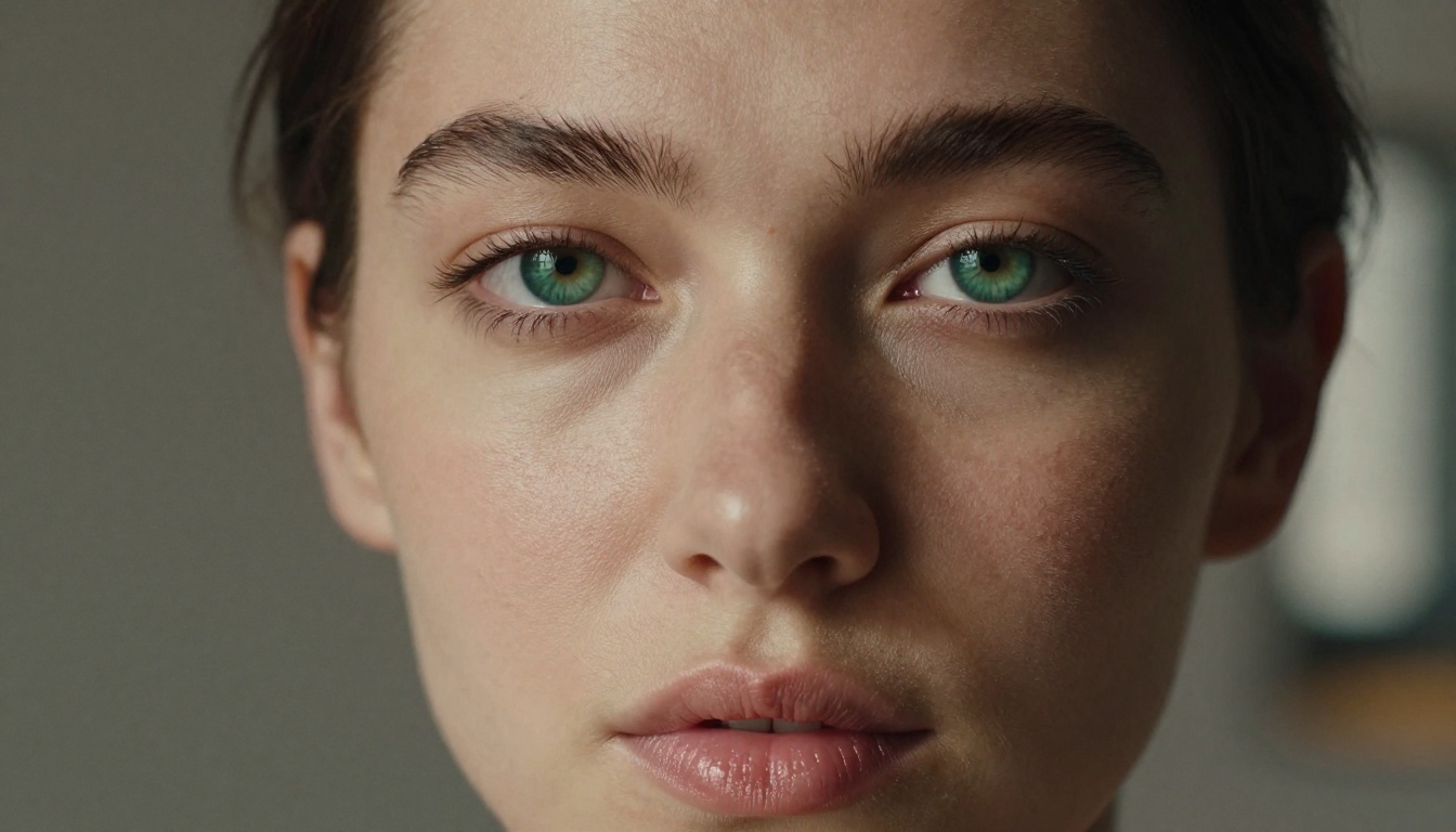 Cinematic close-up portrait of woman with emerald eyes, Rembrandt lighting, Kodak Portra film grain