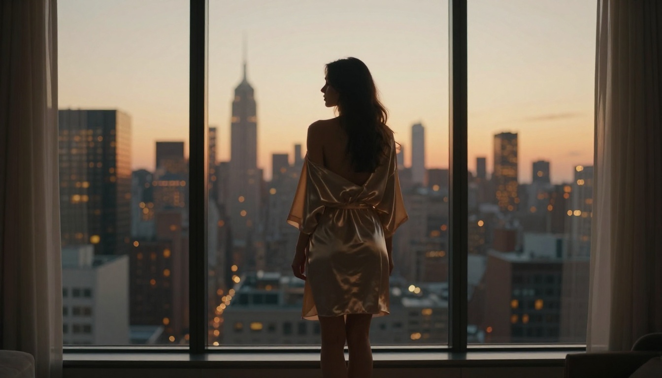 Sensual silhouette of woman at penthouse window, Manhattan skyline bokeh background, backlit by city glow