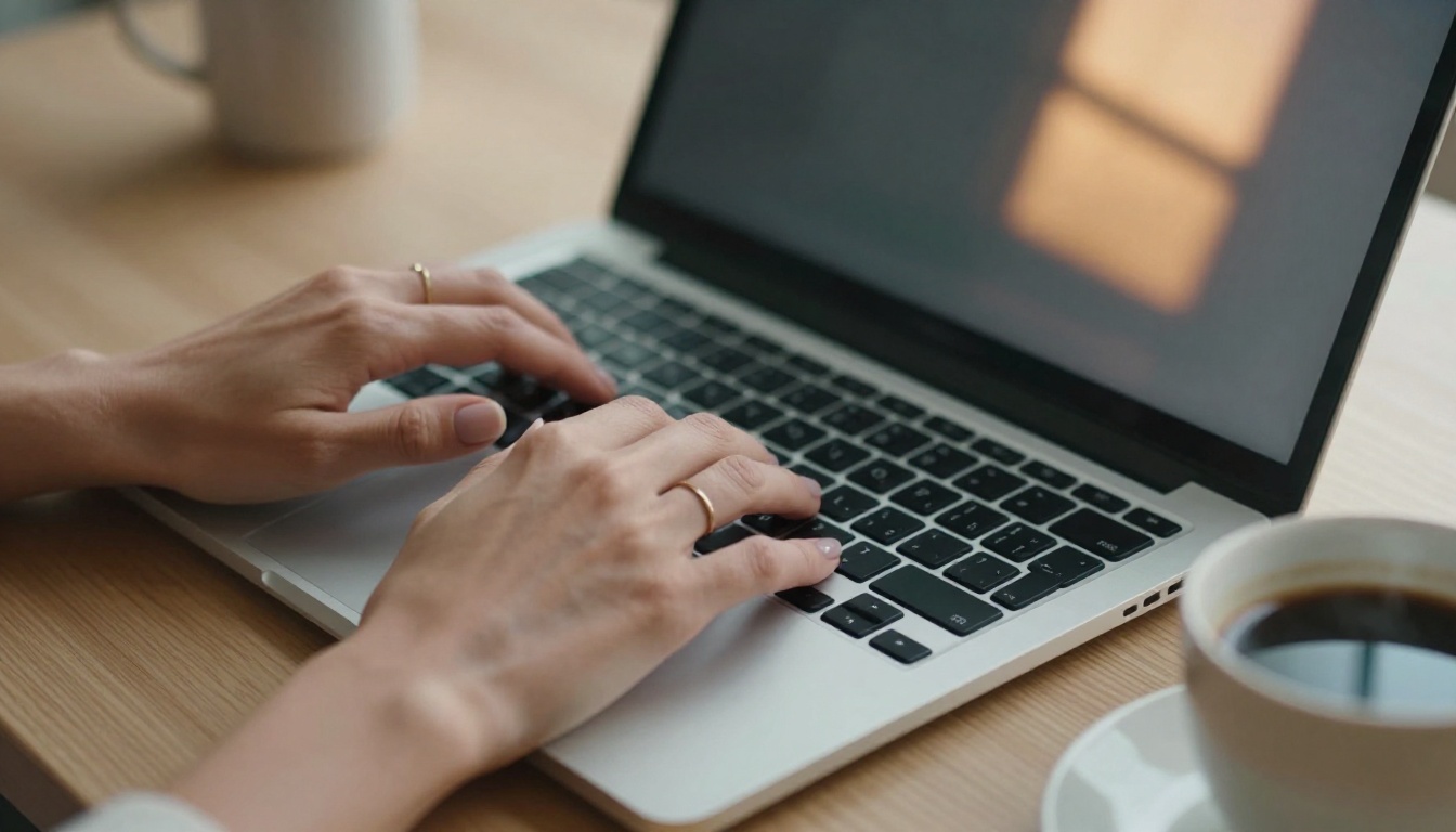 Close-up of female hands typing on laptop, warm golden light, shallow depth of field