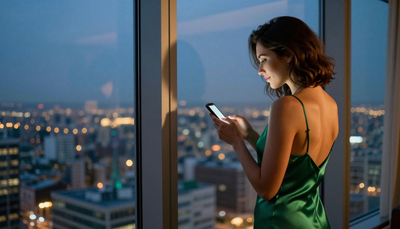 Sophisticated woman in silk slip dress at high-rise window, city bokeh lights at blue hour