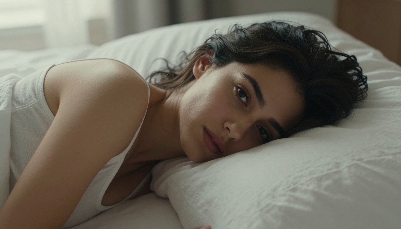 Woman lying on white linen bedsheets, morning window light, 85mm f/1.4 shallow depth of field, direct gaze