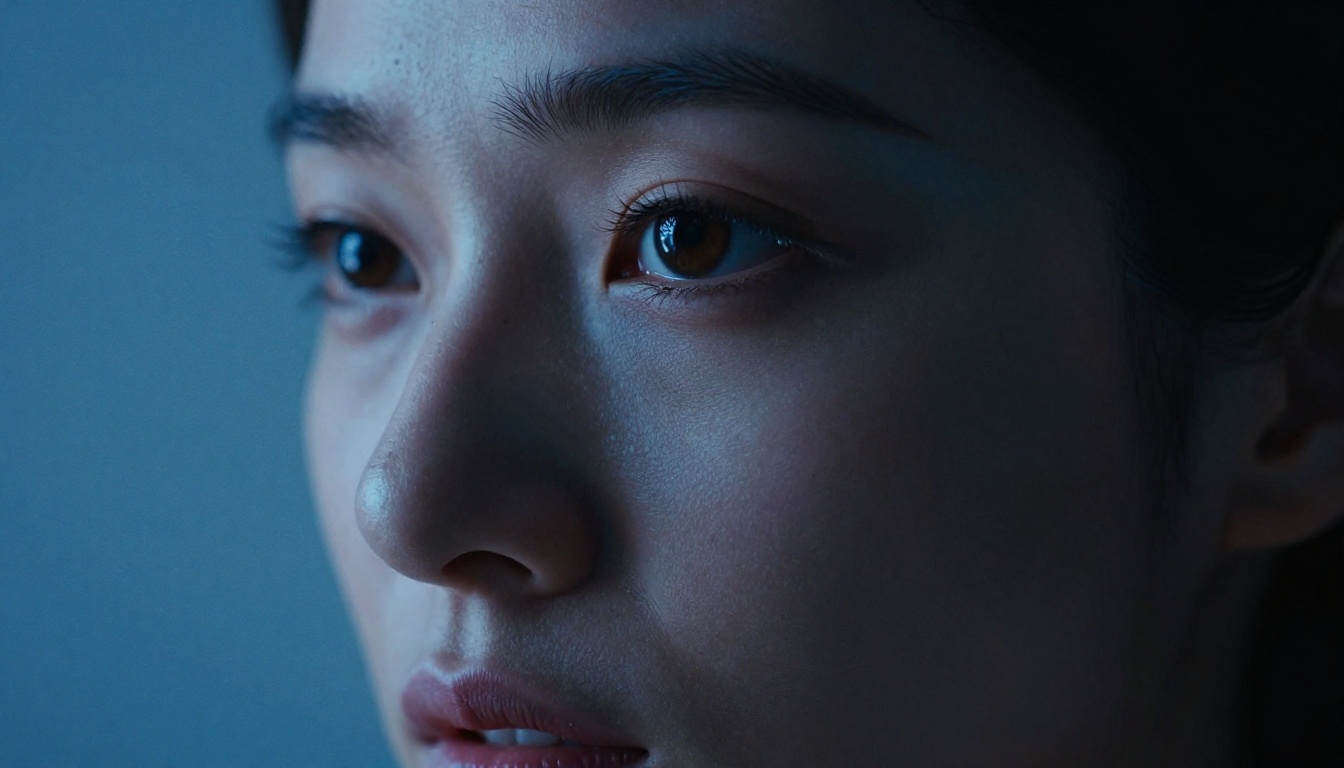 Close-up portrait of woman's face half in deep shadow, screen light catching one eye