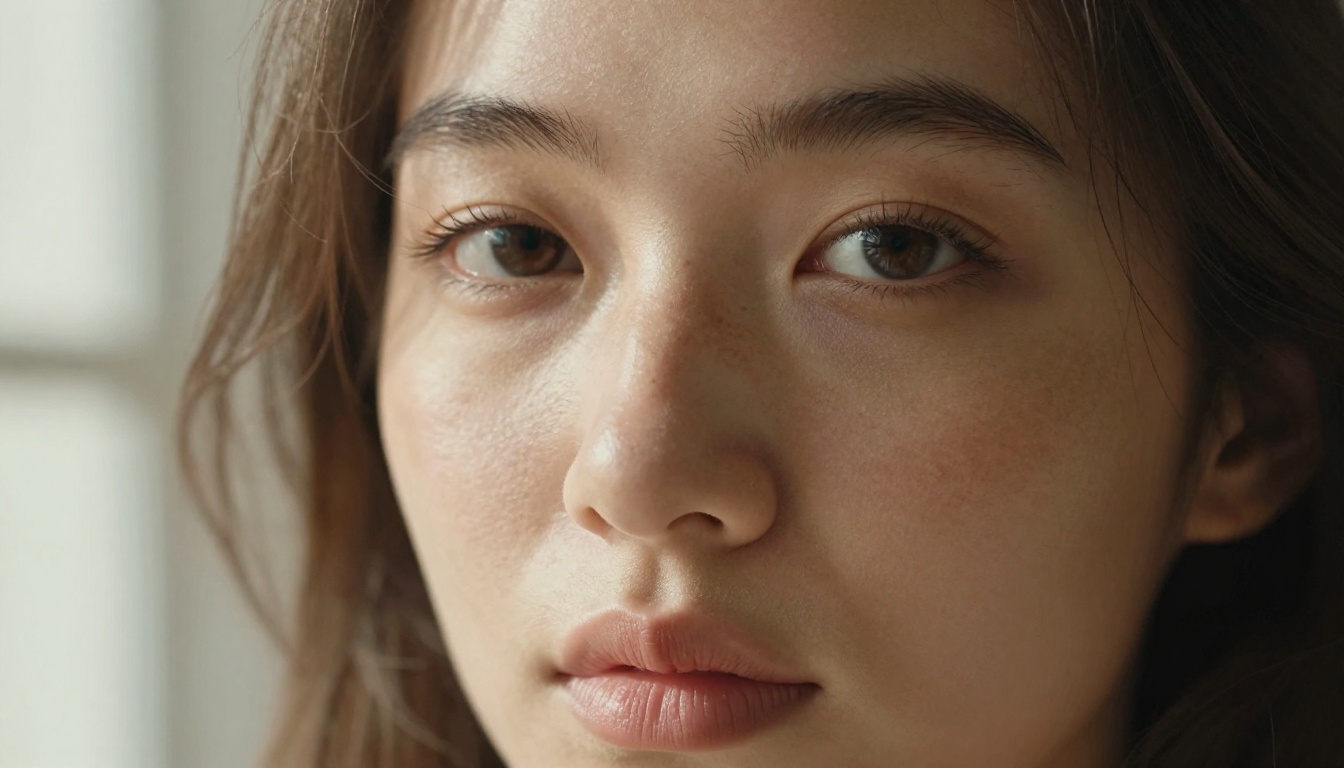 Extreme close-up portrait with freckles and soft morning light, natural skin texture