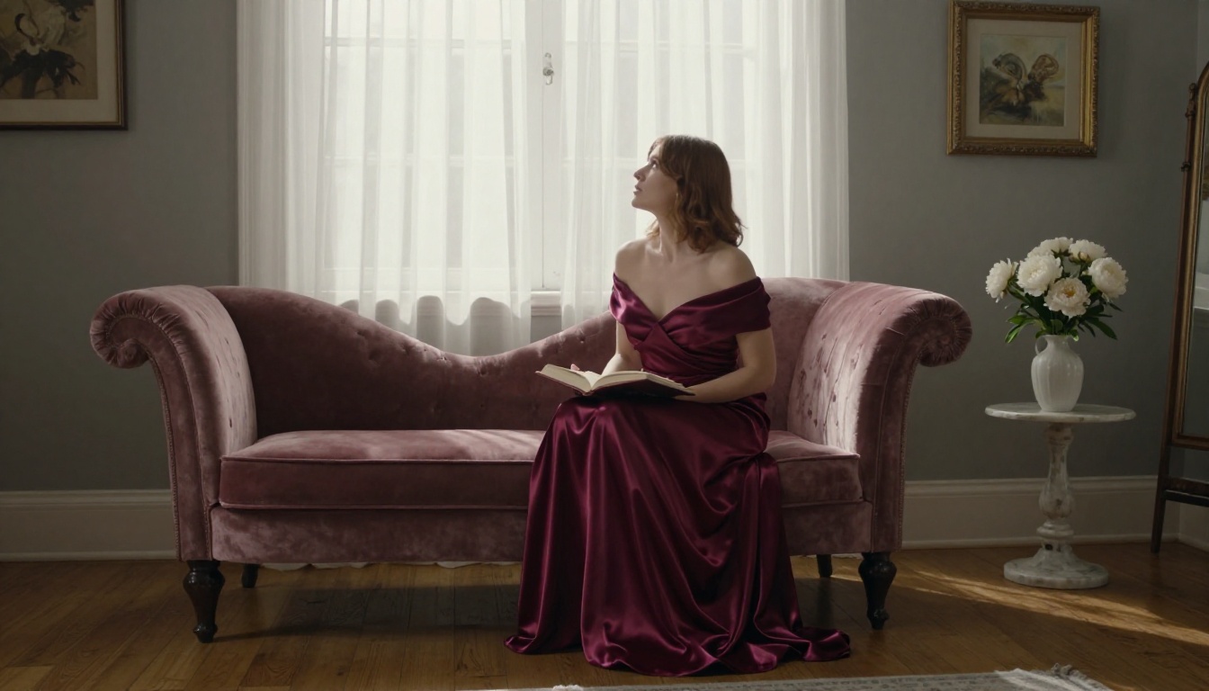 Woman in burgundy satin off-shoulder dress on velvet chaise lounge, soft afternoon window light