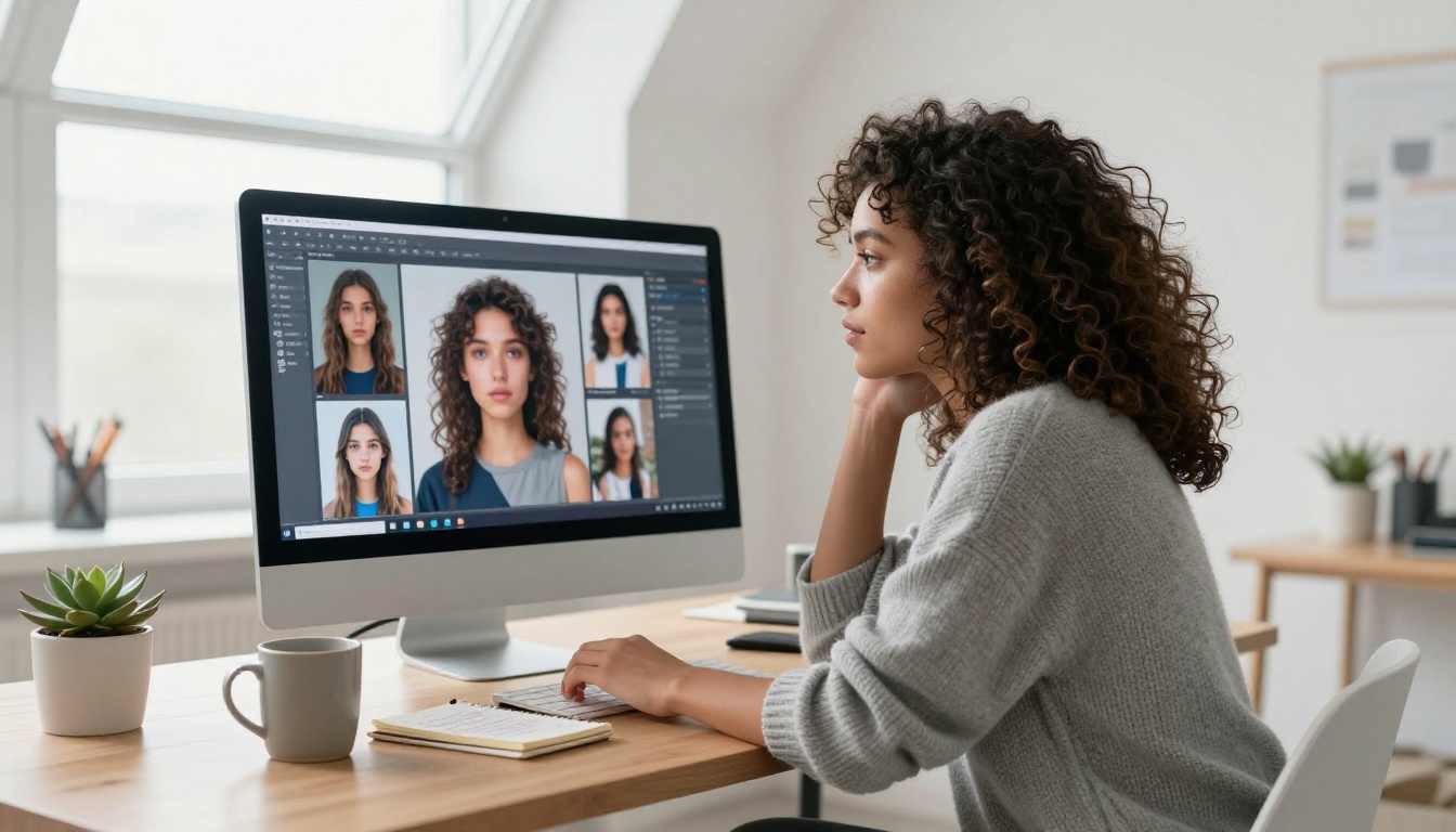 Creative young woman with dark curls at AI image generation interface, bright minimalist studio