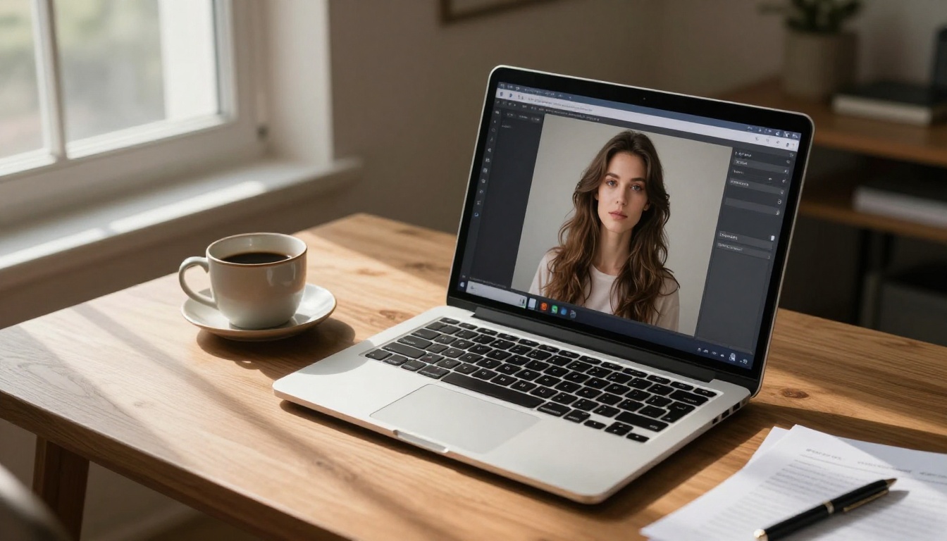 AI generation interface on laptop in a warm home office setting AI generation interface on laptop in a warm home office setting