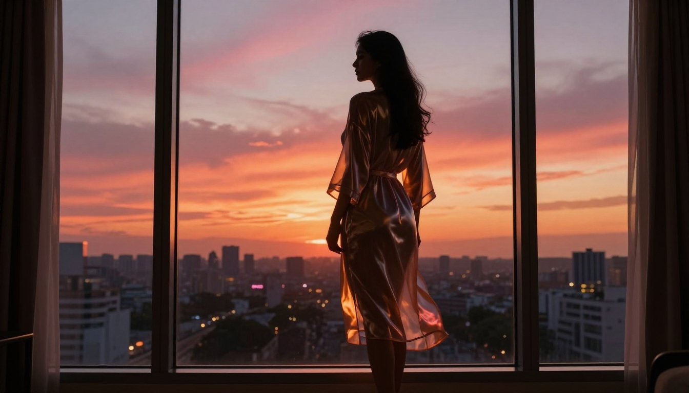 Artistic silhouette of a woman in a sheer robe backlit by a blazing sunset through floor-to-ceiling windows