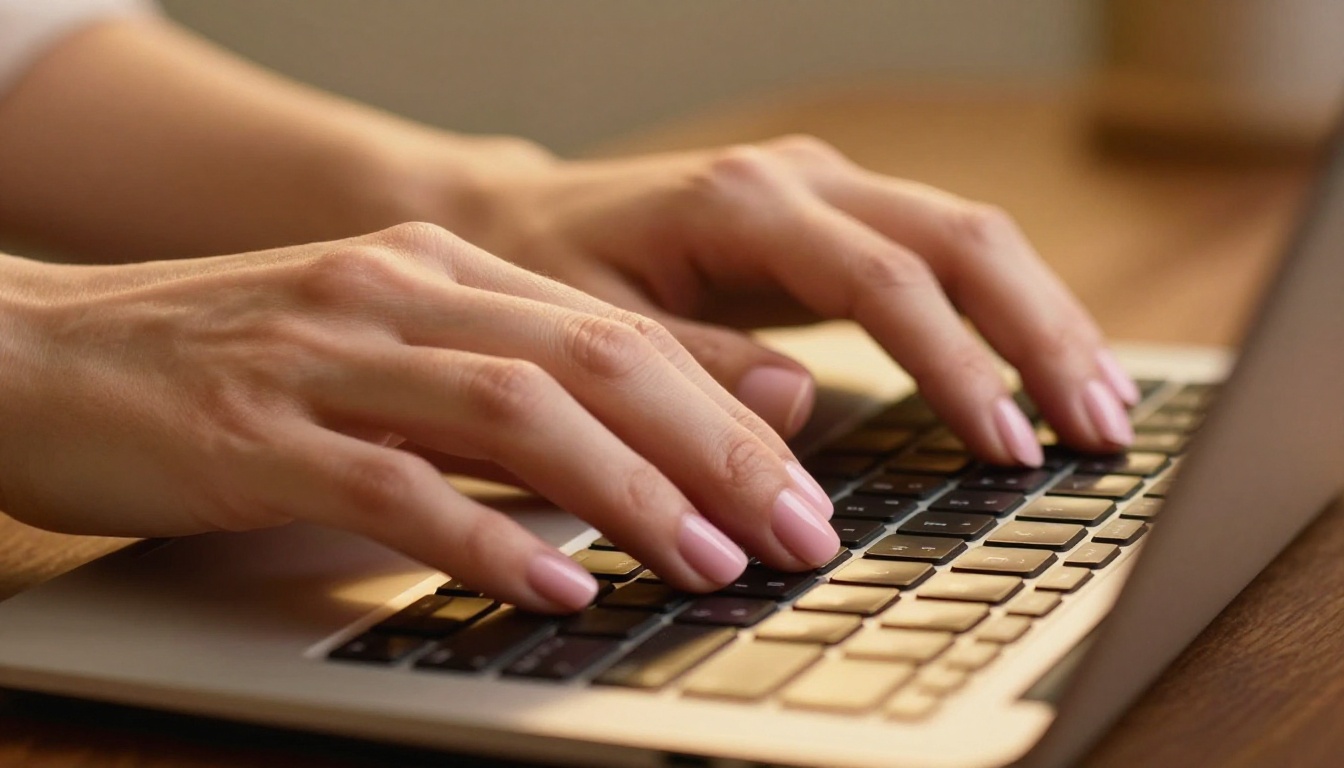 Woman typing at illuminated keyboard with warm golden rim lighting