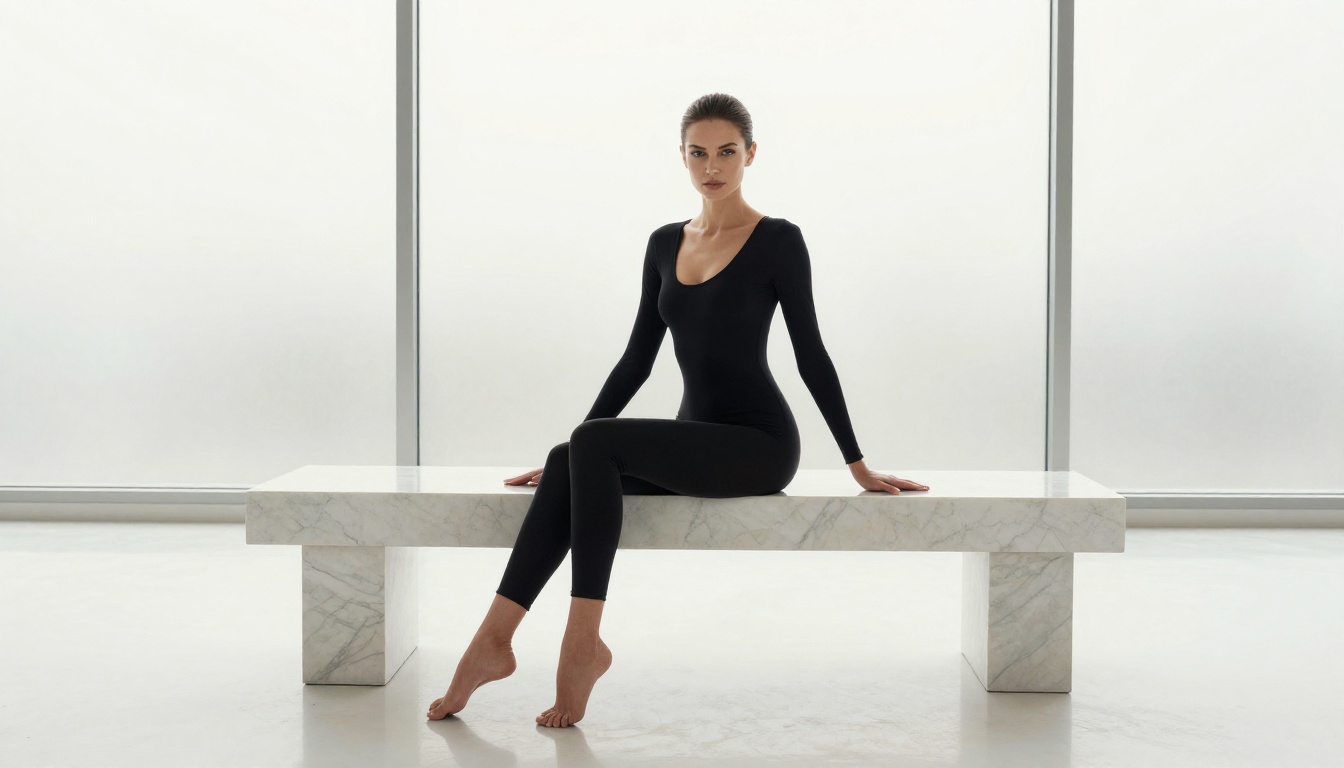Glamorous woman in minimalist studio with natural window light and marble bench