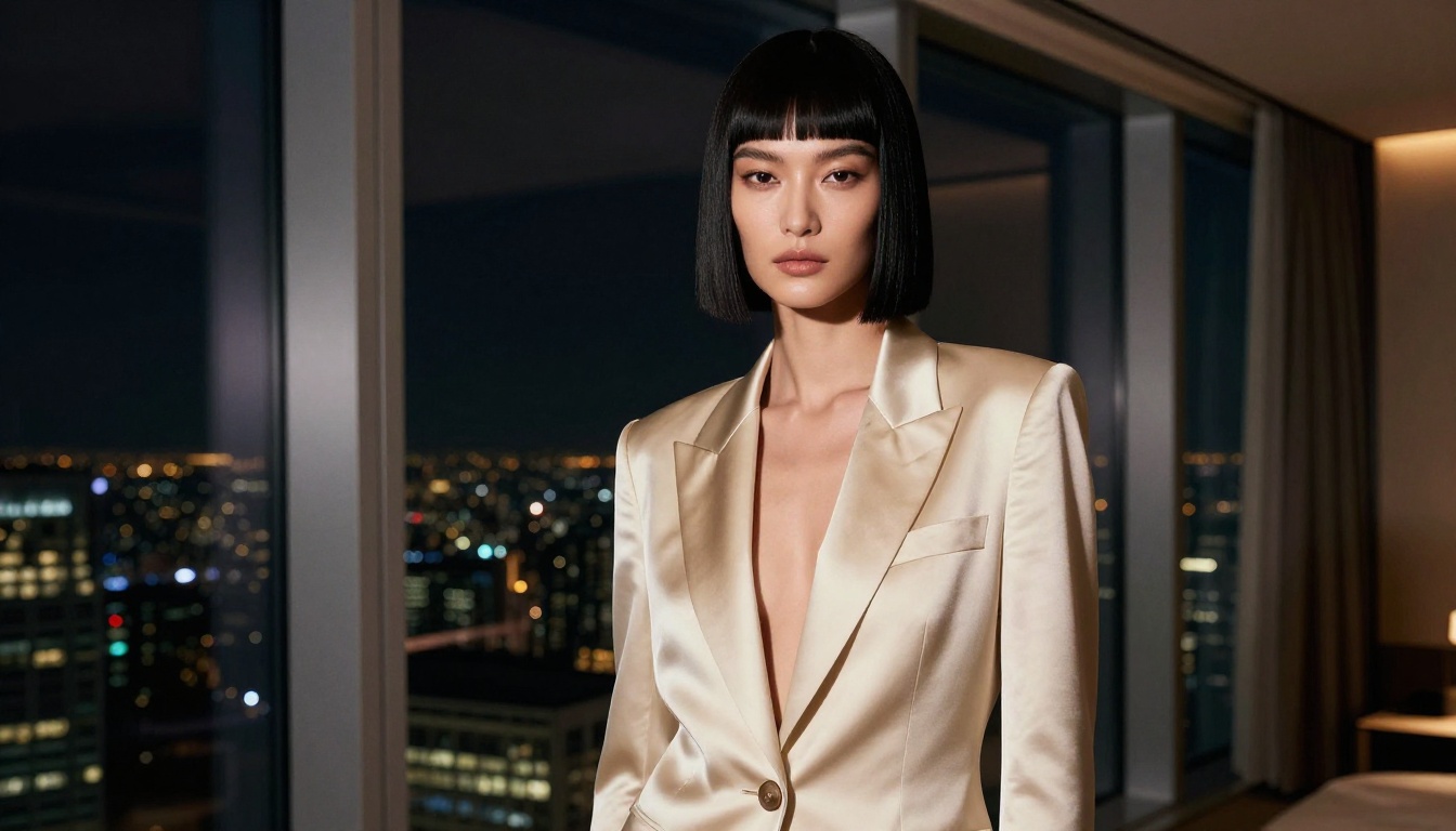 High-fashion editorial portrait of a woman in a champagne blazer standing before a floor-to-ceiling penthouse window overlooking a blurred nighttime city skyline