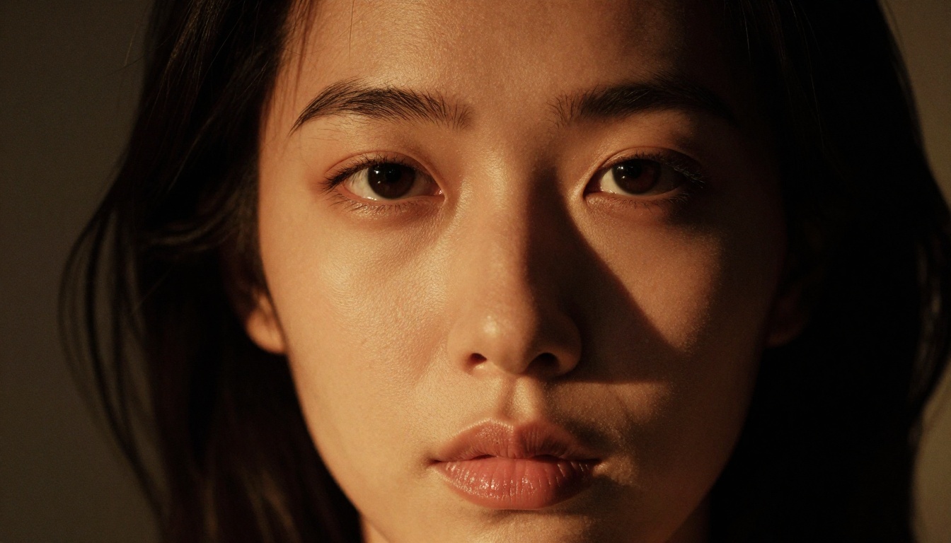 Dramatic chiaroscuro portrait with Rembrandt side lighting and fine natural skin detail